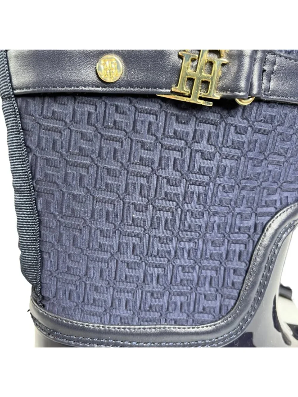 Tommy Hilfiger Rubber Rain Boots Patterned Textile Upper Gold Buckle Size 6 Blue
